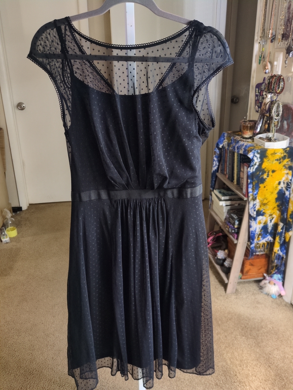 London Times Black Polka Dot Mesh Overlay Dress Size 12 Knee Length Lined Party